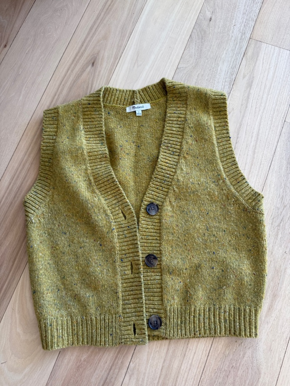 Madewell Olive Green Tweed Knit Button Vest